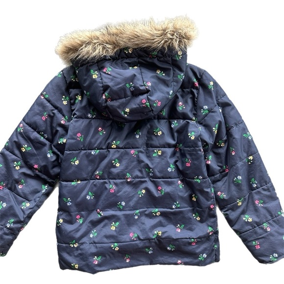 Gap Girls Navy Blue Floral Puffer Coat With  Fur Hood Size M - Picture 3 of 9